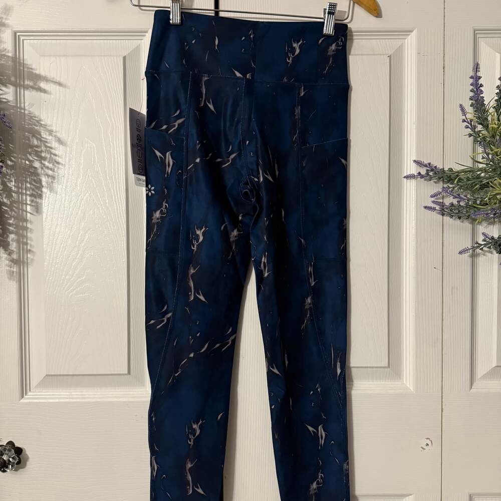 NWT Nine West Active High-Rise Marbled Side Pocket Leggings Navy Blue